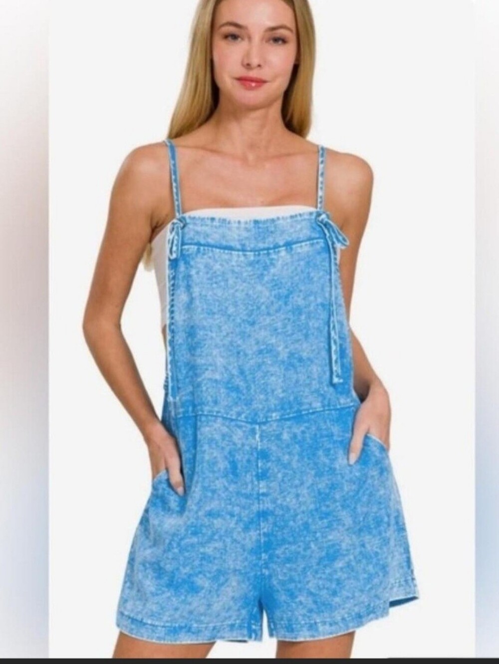 Zenana Ocean Blue Acid-Wash Romper Dress with Adjustable Straps